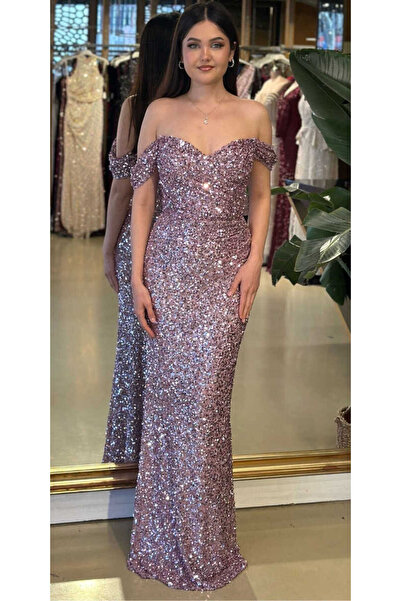 Abiyeniall Rose Madonna Yaka Düz Kesim Likralı Payet Uzun Abiye Elbise 11085-03