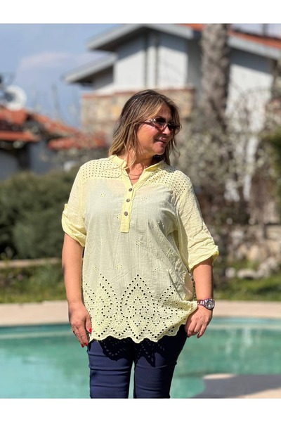 Punta Otantik Yg83349 Italian B Embroidered I P Cotton Linen Blouse Yellow