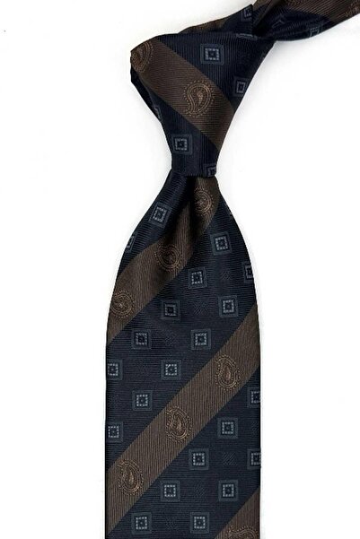 Kravatkolik Black - Brown Stripe Pattern Classic Tie with Handkerchief Kk13696