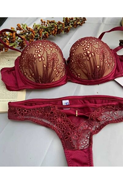 NBB Bordo Dantel Detaylı Destekli Balenli Sütyen Takım -4342