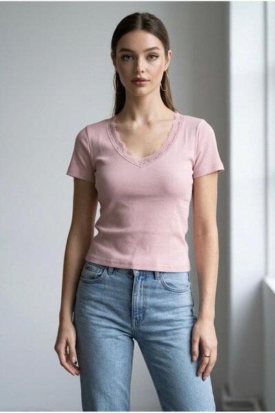 Madmext Puder V-izrez Čipka paket Slim fit ženska majica MG2683