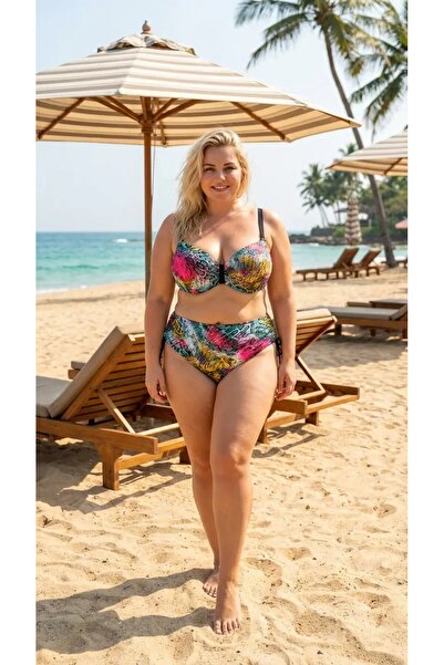 hazelin Women's Green Pink Leopard Printed Piece Lined Plus Size Bikini Set H...