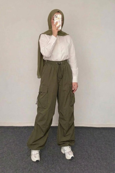 Tesettür Diyarı Γυναικείο Παντελόνι Cargo Extra Baggy με Τσέπες από Λινό - Χακί