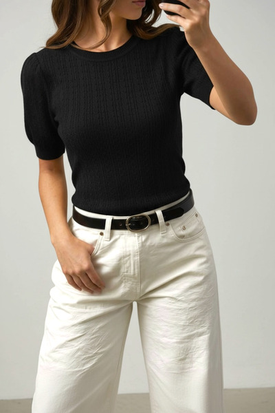 ModaYaren Short Sleeve Soft Textured Biscuit Collar Knitwear T-Shirt - T2049