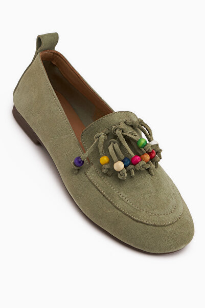 Limoya Benita Genuine Leather Khaki Bead Detailed Tasseled Loafers Women's Ca...