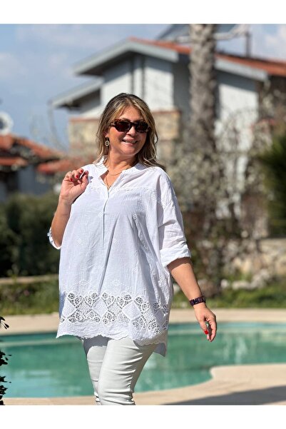 Punta Otantik YG85187 Ιταλική D Δαντέλα i Βαμβακερή Μπλούζα Λευκή