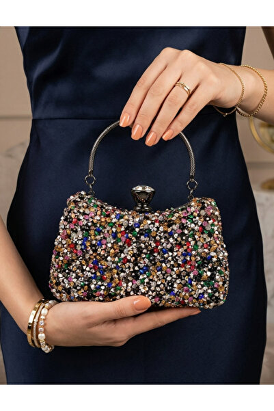 Çanta Trend Women's Stoned Hand-Embellished and Long Chain Strap Piece Bun Mo...