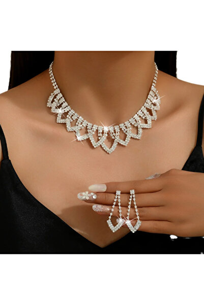 CRM Elegant necklace and earrings set, CRM, black crystals, V model with tear...