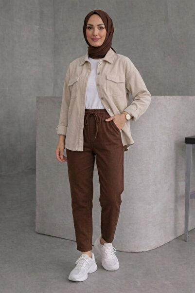Tesettür Diyarı Γυναικείο λινό παντελόνι με ελαστική μέση - Καφέ