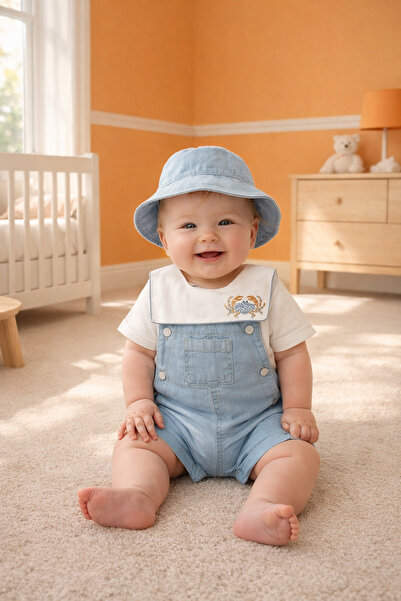 Mert Baby Denim Overalls, Crab Detailed T-Shirt and Hat, 4-Piece Special Boxe...