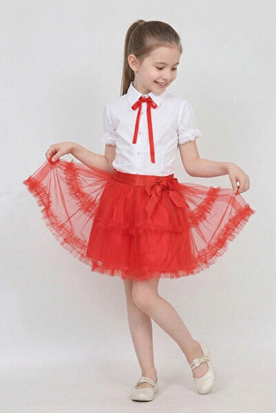 FATELLA Girl's Red Bowknot Shirt with Lace Shirts Red Double Ruffle Waist Sat...