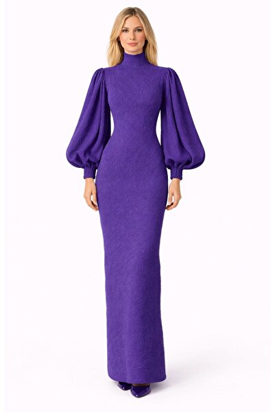 UNTIMELY Mock Neck Piece & Balloon Sleeve Purple Knitted/Jacquard Maxi Dress