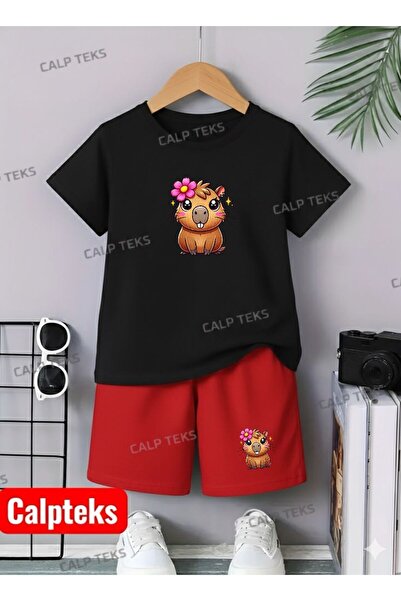 CALP TEKS Kiz Si̇ncap Cappy Printed Shorts-T-Shirt Lower and Upper Children's...