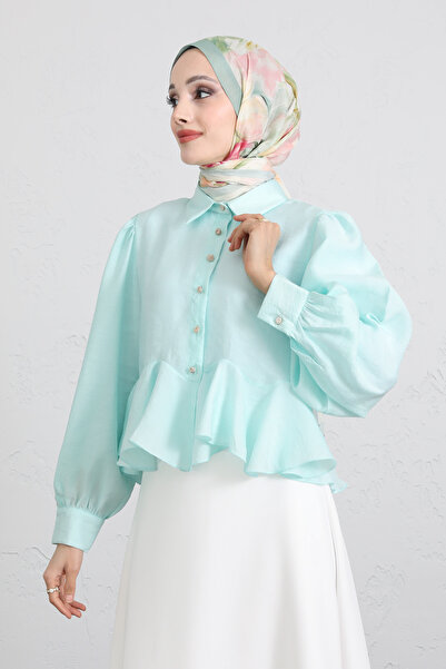 Salih Çelebi Flywheel Detailed Balloon Sleeve Shirt Y0095 - Mint Green