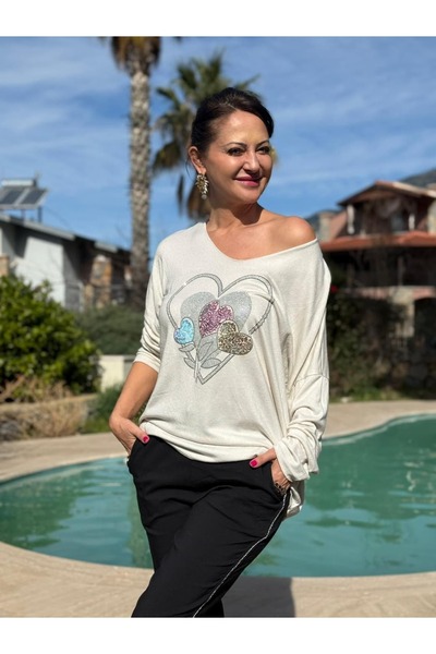 Punta Otantik Yg27030 Five Hearts Patterned Italian Knitwear Blouse White