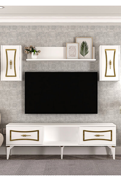 DEMONTE DECOR 1398TV150DD-32 TV ÜNİTESİ TAKIMI, SEHPASI BEYAZ-ALTIN