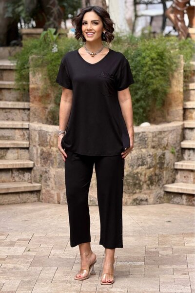 Nevin Kaya Moda Μαύρο Σετ Κάπρι με Πέτρες Τσέπης
