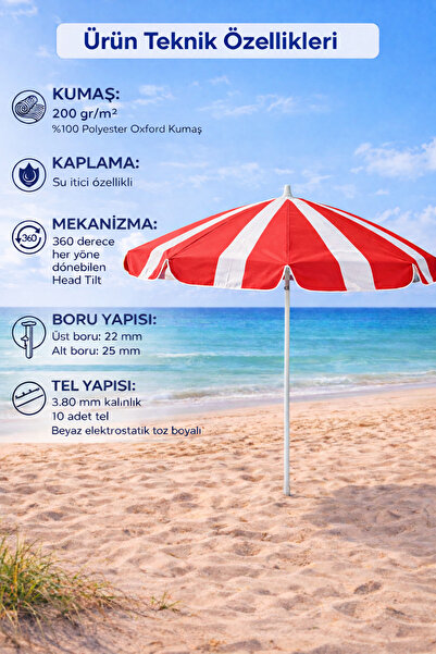 Branda Noktası 360 Derece Dönebilen Head Tilt Plaj Şemsiyesi 200 gr/m² Polyes...
