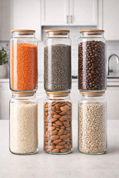 Fhilli Fiona - Set of 6 Vacuum Jars with Bamboo Lids, Large Size 1400 ml