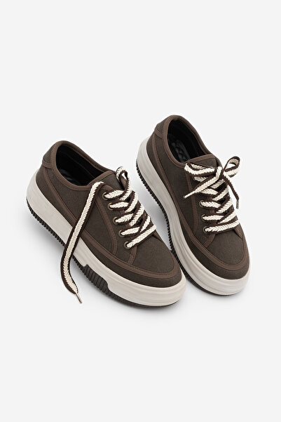 Marjin Women's Sneakers High Sole Lace-Up Fabric Sports Shoes Kotnel Brown Linen