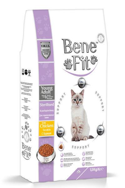 BENEFIT Hrană uscată pisici sterilizate, Super Premium, cu pui, 1.5 kg, contr...