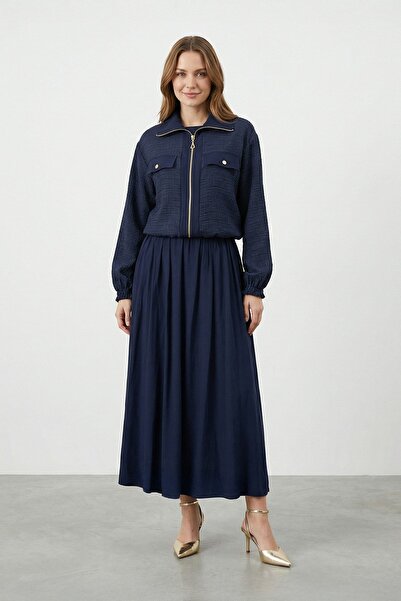 Puane Kadın Fermuarlı Ceket Detaylı Dokulu Elbise – 12677ELB - NAVY