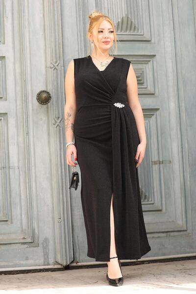 Siyezen Plus Size Crystal Stone Detailed Glittery Dress