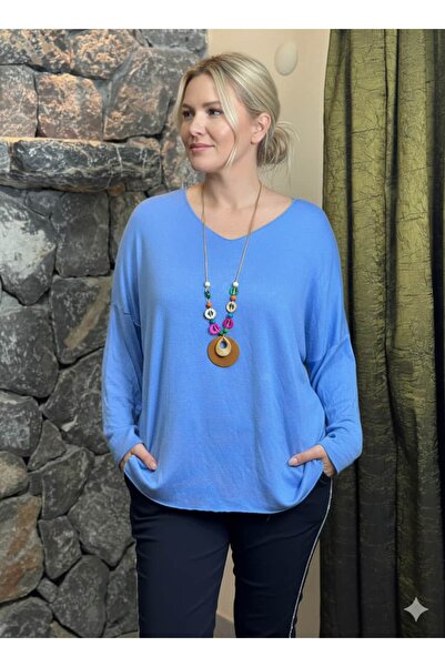 Punta Otantik Yg80581 Italian V-Neck Collared Basic Knitwear Blouse Blue