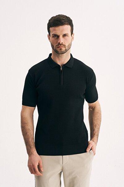 SILVANO Men's Zippered Collar Knitwear T-Shirt Regular Fit Knitted Textured P...