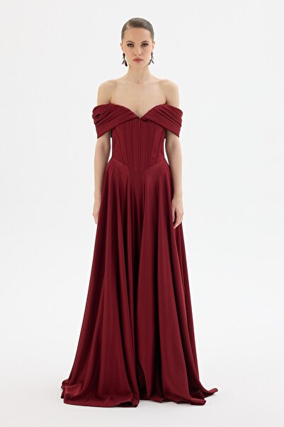 Carmen Bordo Düşük Kol Uzun Saten Abiye Elbise