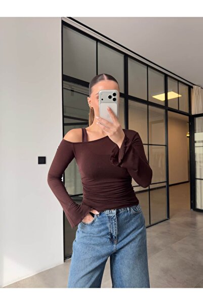 BB Bensu Buyruk One Shoulder Low-Sided Ruched Blouse Tank Top 2-Piece Set Brown