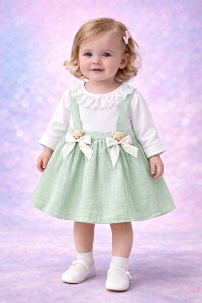 Beblissmini Kız Bebek Askılı Elbise Takım Dantel Yaka Bluzlu Ayıcıklı Yeşil S...