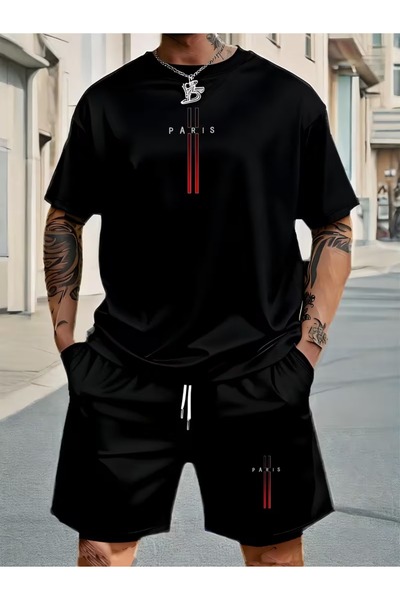 puolikuu Men's Oversized Tracksuit with Shorts - Vertical Double Paris Printe...