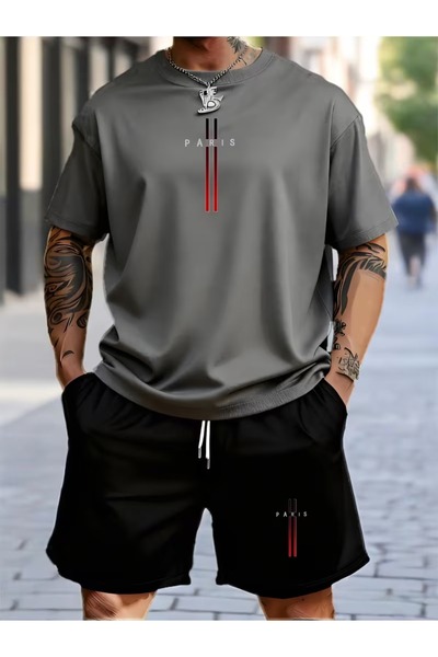 puolikuu Men's Oversized Tracksuit with Shorts - Vertical Double Paris Printe...