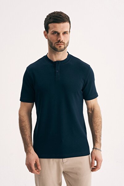 SILVANO Men's Judge Collar Buttoned Slim Fit Mercerized Textured T-Shirt