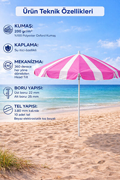 Branda Noktası 360 Derece Dönebilen Head Tilt Plaj Şemsiyesi 200 gr/m² Polyes...