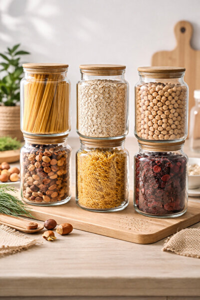 Fhilli Fiona - 6-Piece Vacuum Sealed Medium Size 900 ml Jar Set with Bamboo Lids
