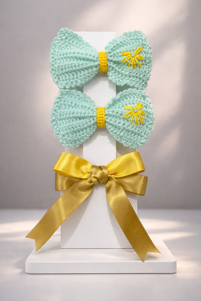 LİA CLİPS CO Girl's Knitted Bow Hair Clips – Set of 3 Clips with 2 Elastics a...