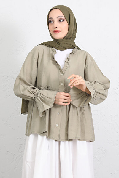Salih Çelebi Ruffle Collar Peplum Shirt Y0107 - Light Khaki