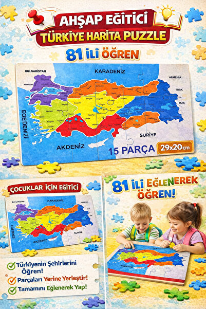 eneci 15 PARÇA TÜRKİYE HARİTASI AHŞAP YAPBOZ EĞİTİCİ BECERİ OYUNCAK