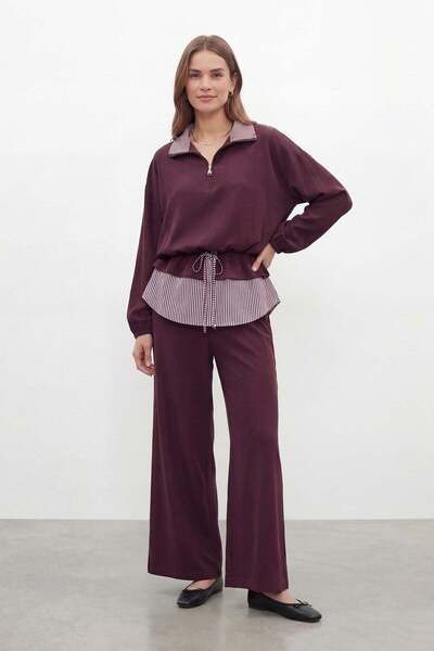 Soul Women's Plain Patterned Woven Tunic Trousers Set – 32462Tks - Burgundy