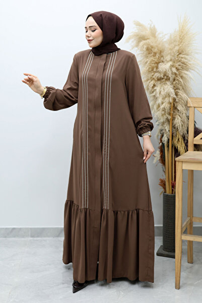 Tesettür Dünyası Front Piece Piped Ruffled Hijab Ferace Tsd260143 Brown