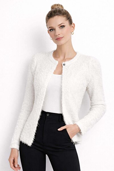 Ferraro Ecru Plush Textured Women's Knitwear Cardigan – Soft-Textured Transit...