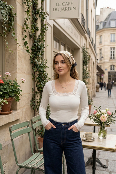 royal prime Bluză cu mânecă lungă pentru femei, dantelă piese, decolteu pătrat