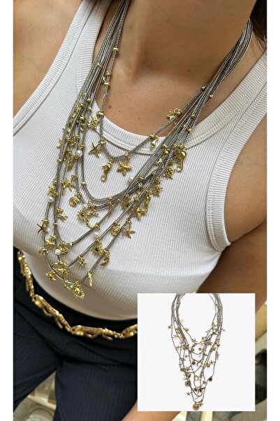 Xui Trend Marka ( Zra ) Model Çoklu Zincir Charmlı Gold/Gümüş Deniz Temalı Ta...