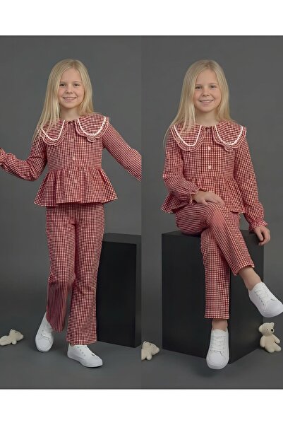 Lucky kidswear Set pentru fete cu guler FIRFIR, în carouri, cu bluză și panta...