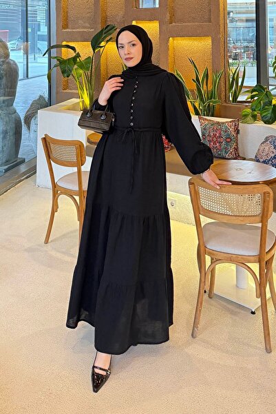 lamelif Waist Gathered Hijab Dress Black