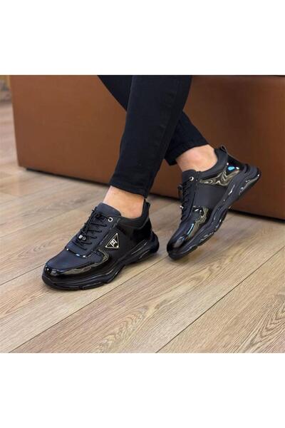 Parlak Hakiki Deri Lastik Bağcıklı Günlük Rahat Ayakkabı