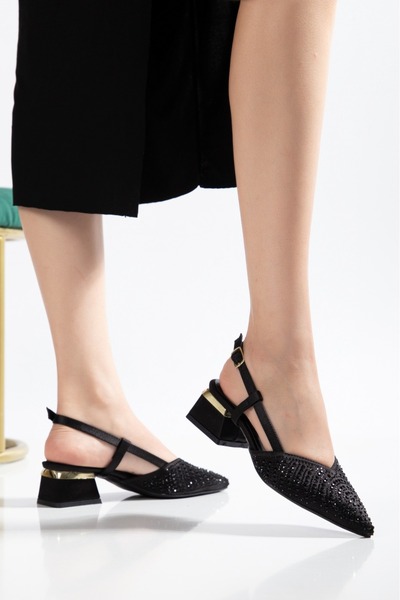 bolmar Kadın Siyah Payet Taşlı Saten Kısa Topuklu Abiye Ayakkabı