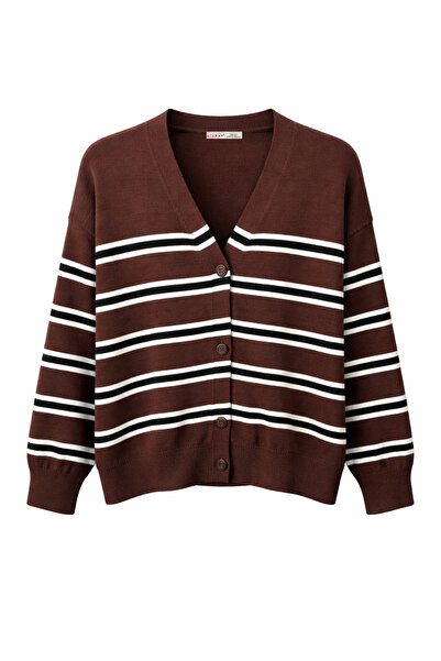 Mixray 7028 Women's Striped Basic Knitwear Cardigan Light Brown